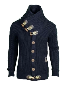 Detail of navy knit cardigan featuring stand collar and toggle buttons with leather patches