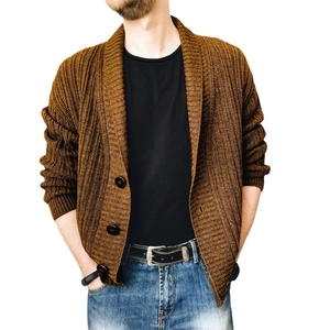 Men's dark brown chunky knit cardigan with shawl collar and single-breasted buttons