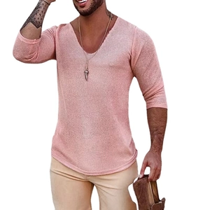 Slim fit men's V-neck knit sweater in light pink with textured cotton blend fabric