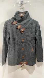 Detailed knit texture and toggle button closure of men's dark grey cardigan sweater