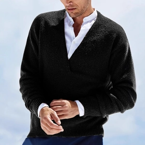 Slim fit men's V-neck knit sweater in black with ribbed cuffs and textured knit pattern