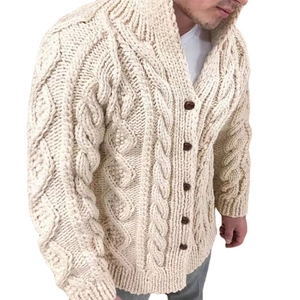 Men's cream cable knit hooded cardigan with wood buttons and ribbed cuffs for winter
