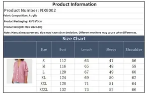 Detailed size chart for pink V-neck acrylic cardigan with bust and length measurements