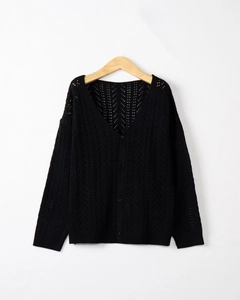 Detail view of the black V-neck knit cardigan showing hollow out texture and buttons