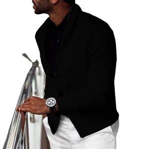 Men's black shawl collar knit cardigan with thick waffle texture and long sleeves