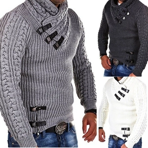 Men's Thick Cable Knit Pullover Sweater With Leather Buckle Stand Collar Long Sleeve Winter Casual Streetwear Jumper
