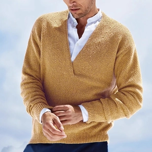 Men's slim fit V-neck mustard yellow knit sweater with textured long sleeves and buttons