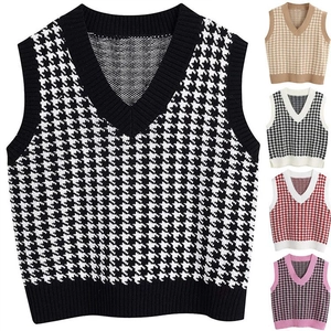 Damen Hahnentritt Weste Gestrickt V-Ausschnitt Ärmellos Pullover Strickweste Herbst Winter Casual Top Elegant Strickwaistcoat Außenbekleidung