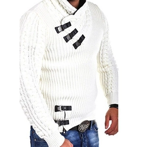 White cable knit sweater for men featuring asymmetrical collar with black leather buckles