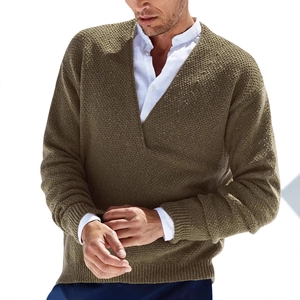 Men's slim fit V-neck knit sweater in olive green with ribbed cuffs and hem details