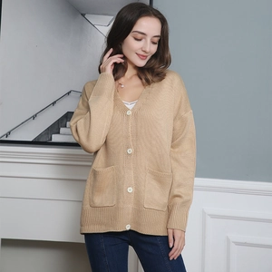 Women V-Neck Knitted Cardigan Sweater Long Sleeve Loose Solid Color Acrylic Outwear With Buttons Pockets For Autumn Winter