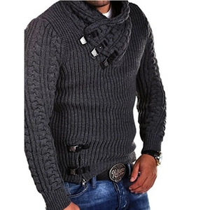 Men's dark grey cable knit sweater with stylish leather buckle details and high collar