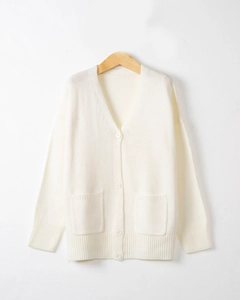 Women's V-neck knit cardigan with button closure and front pockets in cream white color