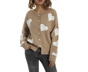 Detail of khaki knit cardigan with white heart pattern and round buttons on ribbed cuffs