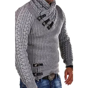 Men's grey heavy knit sweater with vintage leather buckle straps and cable knit texture