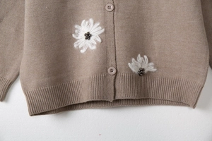 Dettaglio del cardigan in maglia marrone con ricami di fiori bianchi e perline lucide