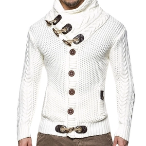 Men's cream cable knit cardigan with a high collar and decorative toggle buttons