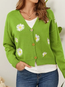 Daisy Embroidered Knit Cardigan V Neck Button Up Long Sleeve Sweater Floral Pastoral Style Loose Outerwear For Women