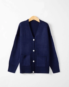 Women's V-neck navy blue knit cardigan with white buttons and front patch pockets