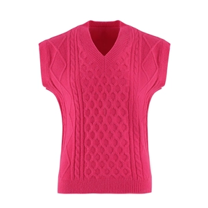 Women's V-neck cable knit sweater vest in vibrant rose red with classic textured patterns
