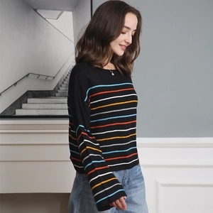 Close-up of a women's colorful striped sweater with a classic round neck and long sleeves
