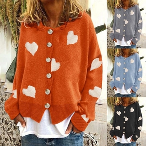 Women Heart Pattern Knitted Cardigan Round Neck Button Front Loose Sweater Long Sleeve Sweet Casual Knitwear Warm Outerwear Top