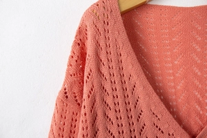 Close-up of coral knit cardigan with V-neck and delicate pointelle openwork patterns