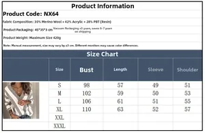 Detailed size chart for the striped V-neck sweater showing bust, length, and sleeve measurements