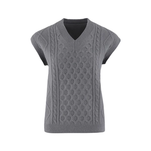 Grey V-neck cable knit vest for women with classic ribbed hem and sleeveless H-line design