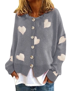Women's grey knit cardigan with white heart patterns and single-breasted button closure