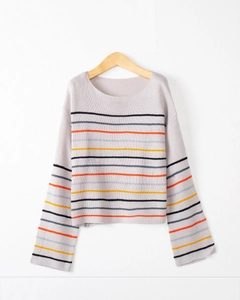 Women's casual long sleeve round neck sweater with colorful horizontal stripes in grey
