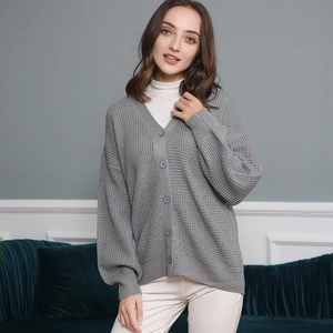Dettaglio del cardigan grigio in maglia a nido d'ape con scollo a V e bottoni