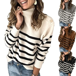 Women Striped Turtleneck Sweater Acrylic Knitted Pullover Button Shoulder Long Sleeve Casual Winter Top