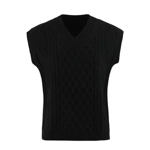 Classic black V-neck cable knit sweater vest for women with detailed diamond patterns