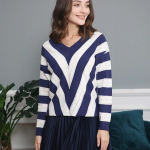 Detailed knit texture of a V-neck navy and white striped sweater with a chevron pattern