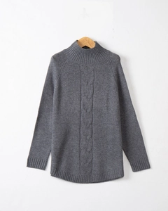 Detail showing cable knit texture and mock neck of this grey oversized batwing sweater