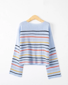 Women's crew neck striped knit sweater in light blue with multi-colored horizontal bands