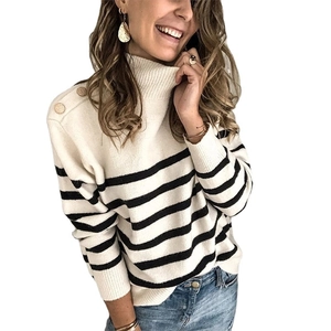 Women's turtleneck striped knit sweater with elegant gold shoulder button details