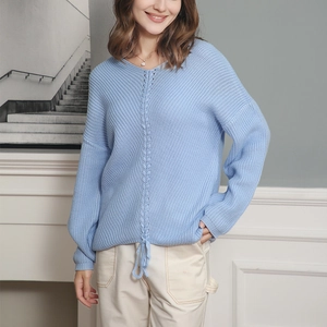 Women V Neck Sweater Acrylic Knitted Pullover Long Sleeve Loose Fit Drawstring Hem Cable Knit Casual Jumper Warm Winter Top
