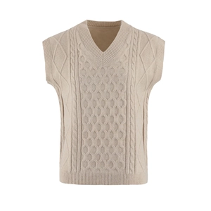 Detailed cable knit texture and V-neckline of a stylish beige knitted vest for women