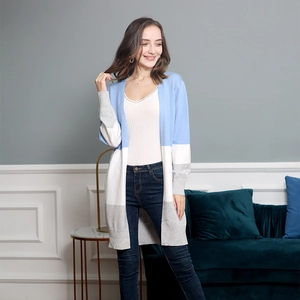 Women's color-block knitted cardigan in blue white and grey with long sleeves