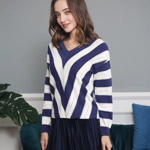 Detail of V-neck striped knit sweater with contrasting navy and white pattern