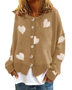 Women's khaki knit cardigan with white heart patterns and button-down front on white background