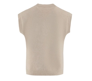Close-up of the beige knitted vest showing the ribbed neckline and soft knit texture