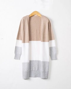 Women's color-block knit cardigan sweater in khaki, white, and grey with long sleeves