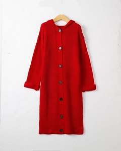 Gilet long à capuche rouge vif en maille avec boutonnage simple et coupe ample
