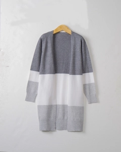 Women's long sleeve color block knit cardigan sweater in grey and white tones