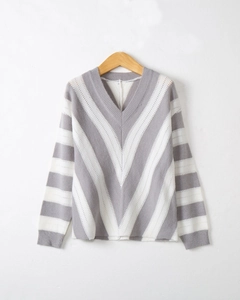 Detail shot of the ribbed V-neckline and grey striped stitching on the knit sweater