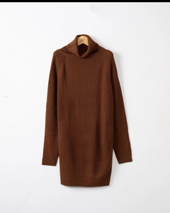 Detail of chunky knit texture and high turtleneck on this dark brown sweater dress