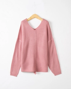 Detailed close-up of pink V-neck knit sweater featuring fine vertical ribbed texture